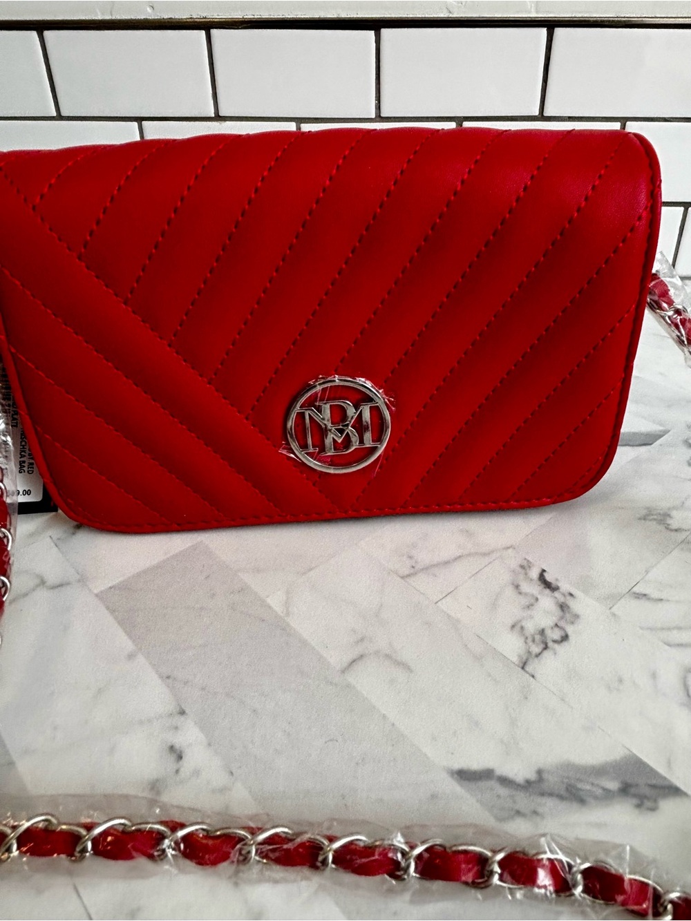 Badgley Mischka Quilted Ruby Red Crossbody with Silver Chain